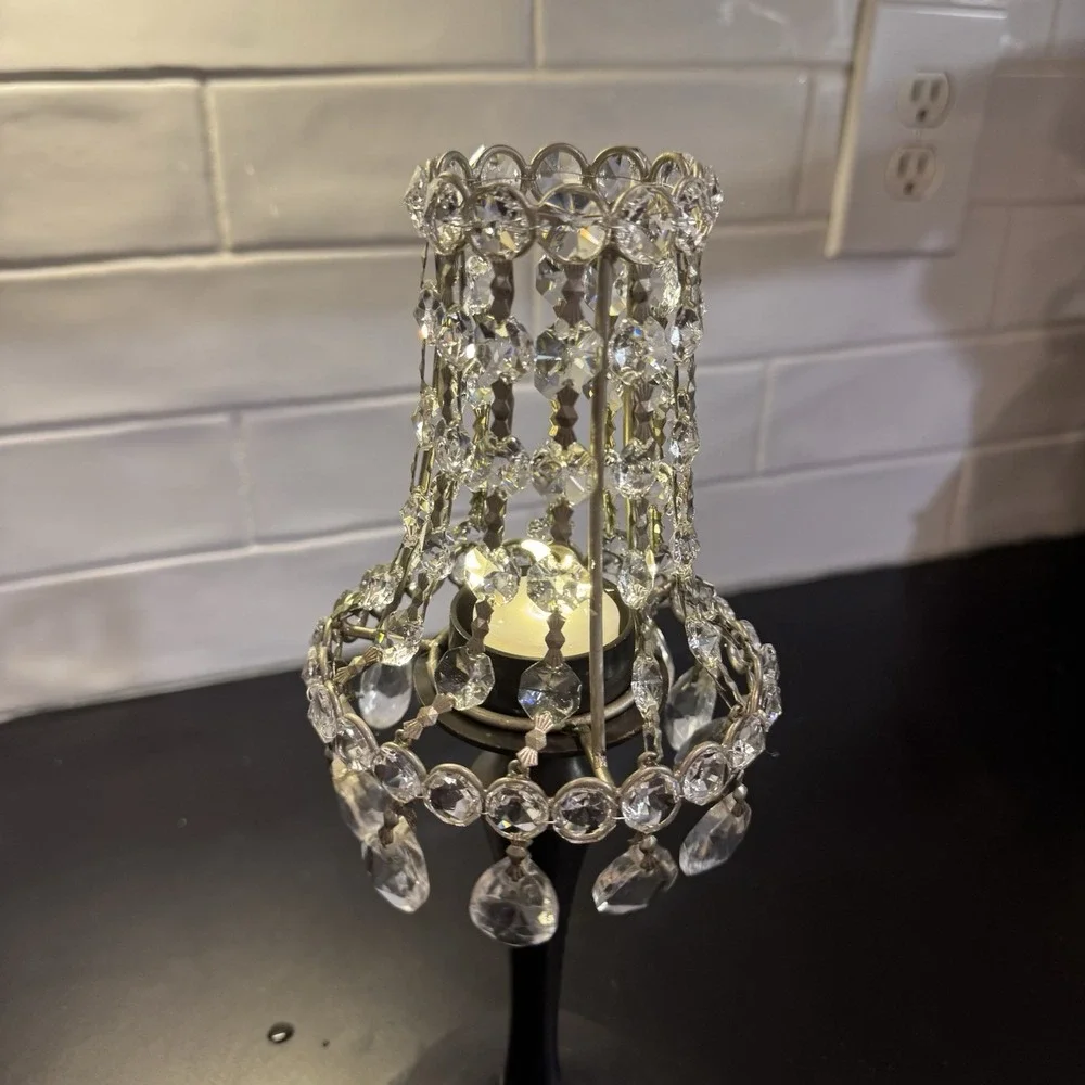 VTG Pottery Barn Metal Tea Light Candle Holder Lamp Beaded Crystal Shade